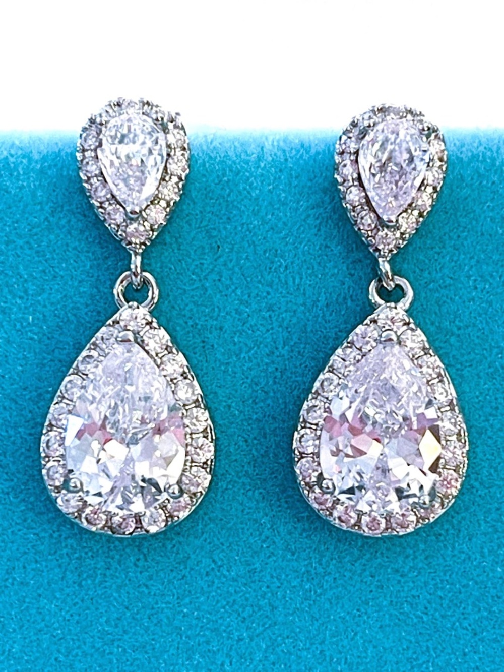 White Sapphire Earrings: Double Teardrop Halo, 14kt White Gold/Silver